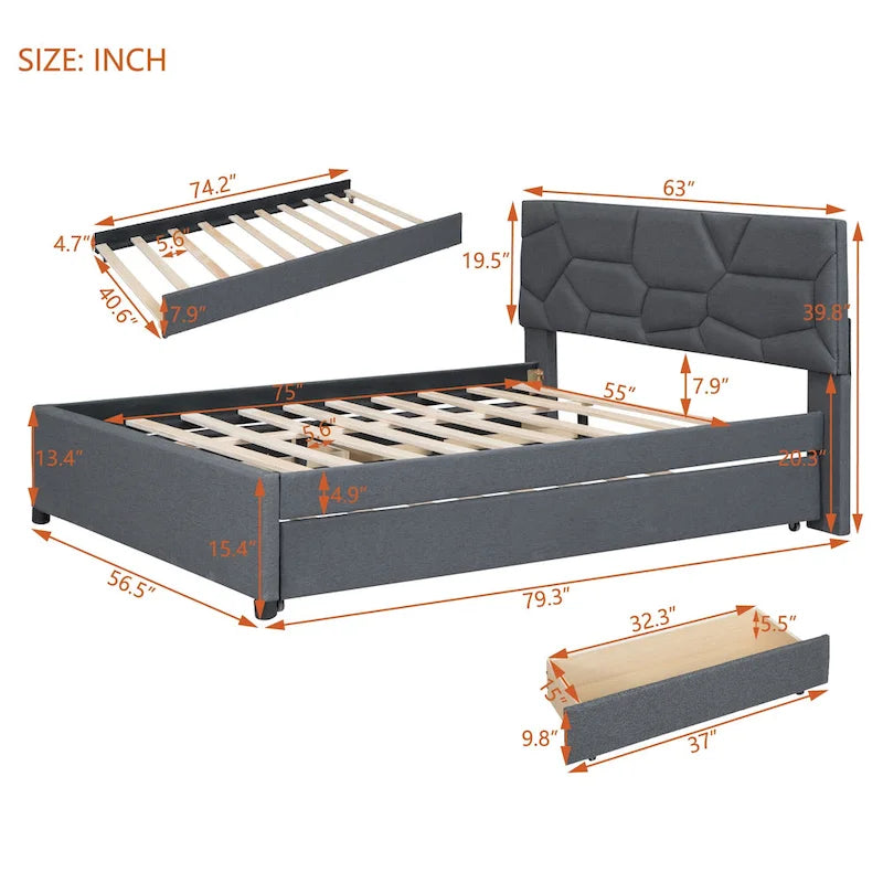 Brick Pattern Headboard Bed Frame Linen Fabric Upholstered Platform Bed, Wood Panel Bed wTrundle Bed & 2 Drawers,Low Profile Bed
