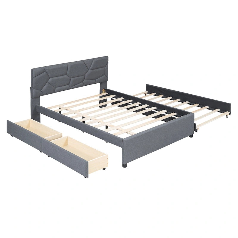 Brick Pattern Headboard Bed Frame Linen Fabric Upholstered Platform Bed, Wood Panel Bed wTrundle Bed & 2 Drawers,Low Profile Bed