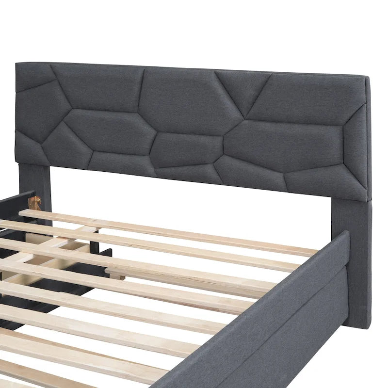 Brick Pattern Headboard Bed Frame Linen Fabric Upholstered Platform Bed, Wood Panel Bed wTrundle Bed & 2 Drawers,Low Profile Bed