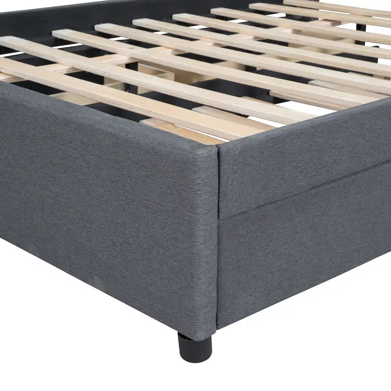 Brick Pattern Headboard Bed Frame Linen Fabric Upholstered Platform Bed, Wood Panel Bed wTrundle Bed & 2 Drawers,Low Profile Bed