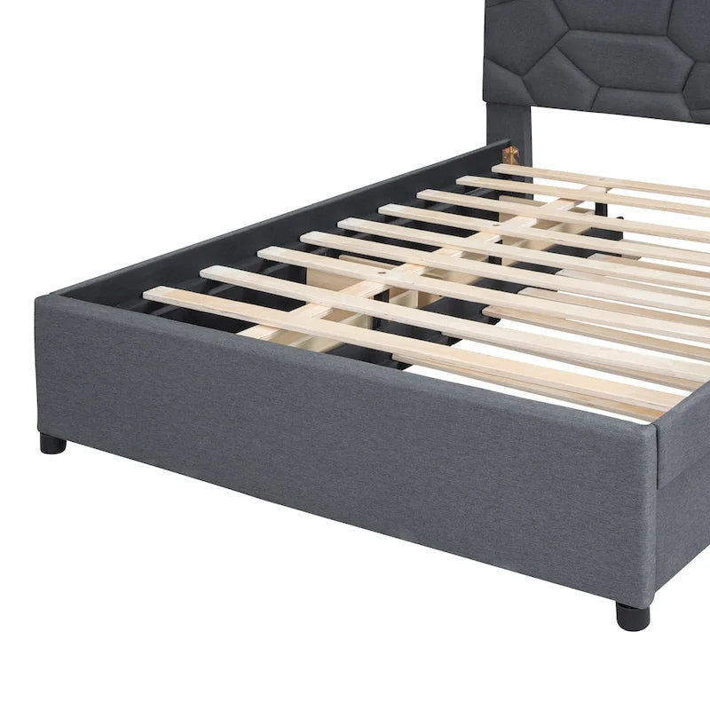 Brick Pattern Headboard Bed Frame Linen Fabric Upholstered Platform Bed, Wood Panel Bed wTrundle Bed & 2 Drawers,Low Profile Bed
