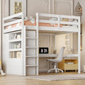 Lit mezzanine pleine grandeur en pin avec bureau d'étude intégré et armoire, étagères de rangement et 2 tiroirs, garde-corps pleine longueur