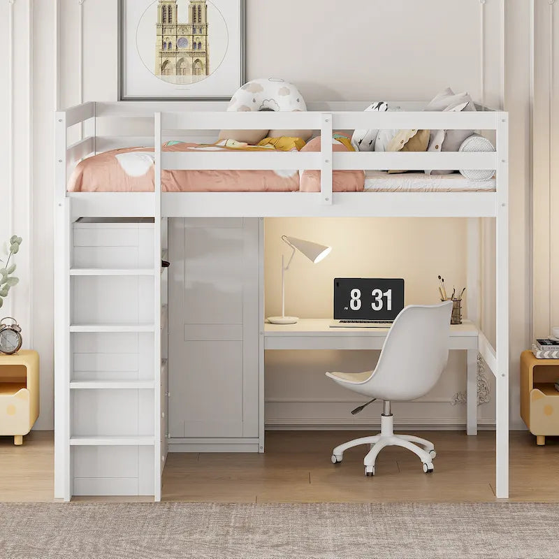Lit mezzanine pleine grandeur en pin avec bureau d'étude intégré et armoire, étagères de rangement et 2 tiroirs, garde-corps pleine longueur