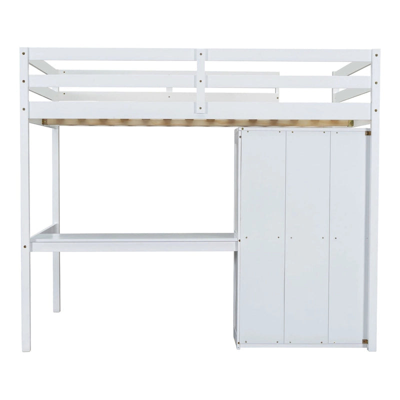 Full Size Pinewood Loft Bed with Built-in Study Desk and Wardrobe, Storage Shelves and 2 Drawers, Full-length Guardrails