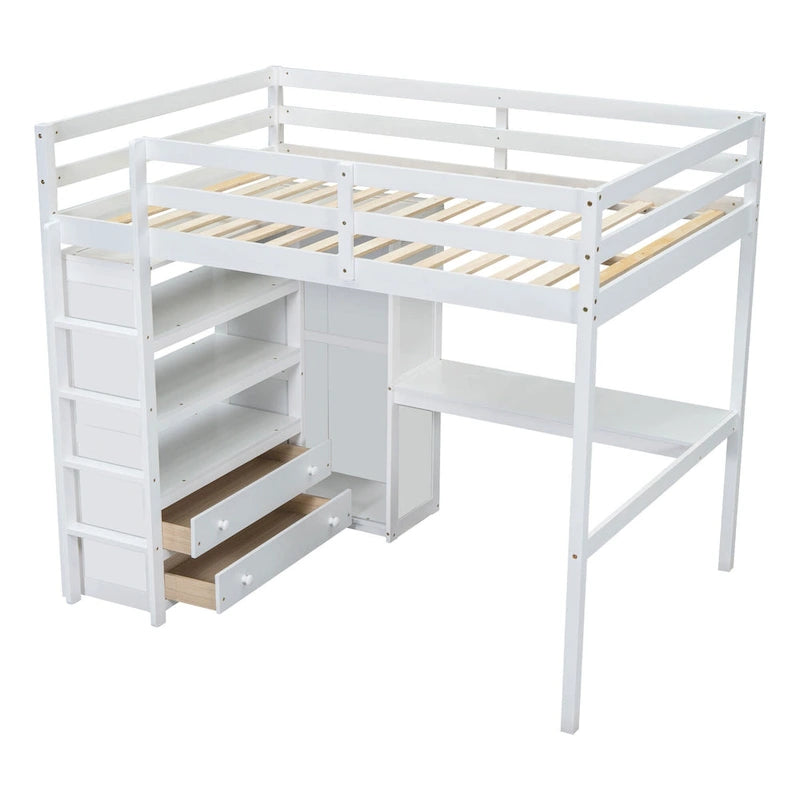 Lit mezzanine pleine grandeur en pin avec bureau d'étude intégré et armoire, étagères de rangement et 2 tiroirs, garde-corps pleine longueur
