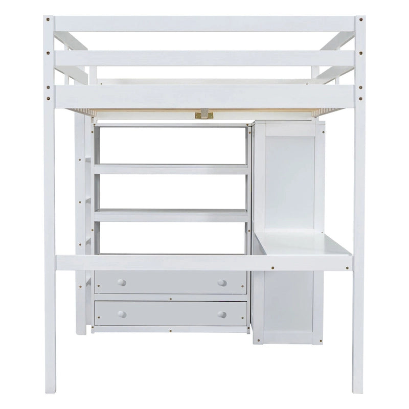Lit mezzanine pleine grandeur en pin avec bureau d'étude intégré et armoire, étagères de rangement et 2 tiroirs, garde-corps pleine longueur