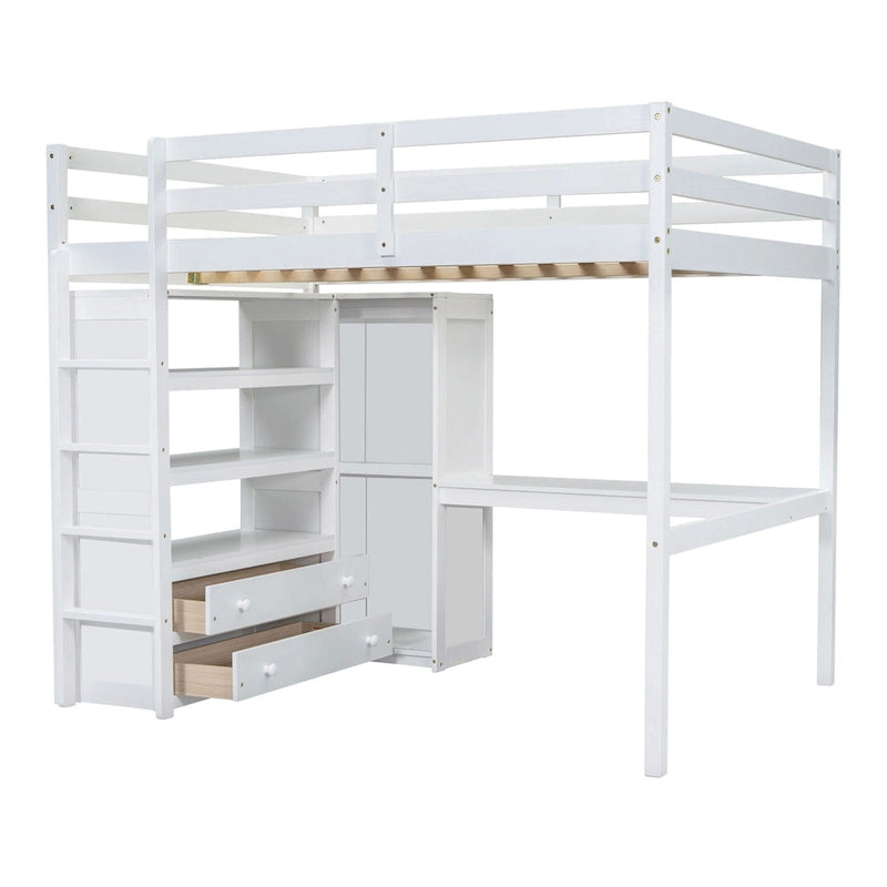 Lit mezzanine pleine grandeur en pin avec bureau d'étude intégré et armoire, étagères de rangement et 2 tiroirs, garde-corps pleine longueur