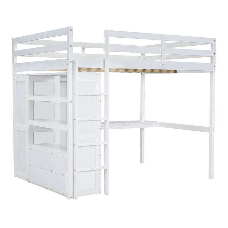 Lit mezzanine pleine grandeur en pin avec bureau d'étude intégré et armoire, étagères de rangement et 2 tiroirs, garde-corps pleine longueur