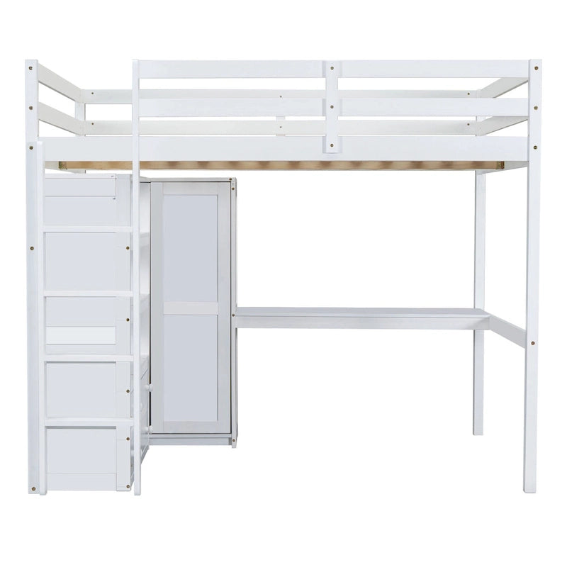 Lit mezzanine pleine grandeur en pin avec bureau d'étude intégré et armoire, étagères de rangement et 2 tiroirs, garde-corps pleine longueur