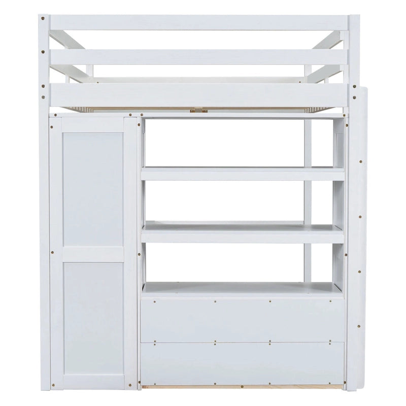 Lit mezzanine pleine grandeur en pin avec bureau d'étude intégré et armoire, étagères de rangement et 2 tiroirs, garde-corps pleine longueur