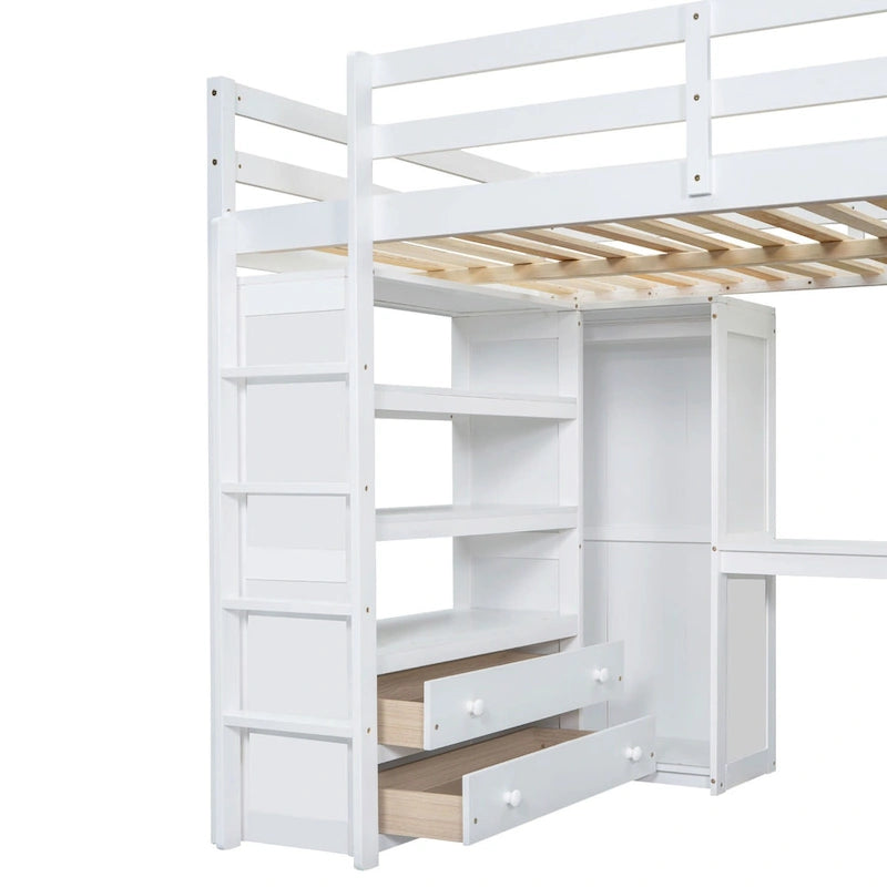 Lit mezzanine pleine grandeur en pin avec bureau d'étude intégré et armoire, étagères de rangement et 2 tiroirs, garde-corps pleine longueur