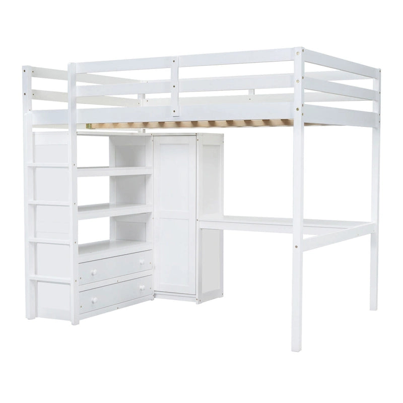 Lit mezzanine pleine grandeur en pin avec bureau d'étude intégré et armoire, étagères de rangement et 2 tiroirs, garde-corps pleine longueur