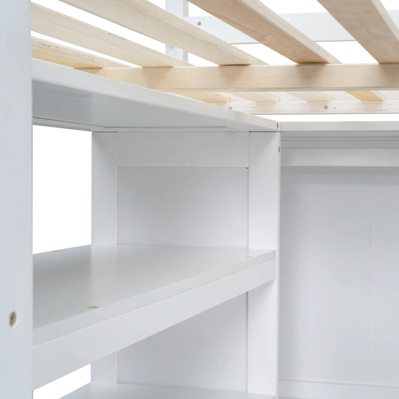 Lit mezzanine pleine grandeur en pin avec bureau d'étude intégré et armoire, étagères de rangement et 2 tiroirs, garde-corps pleine longueur