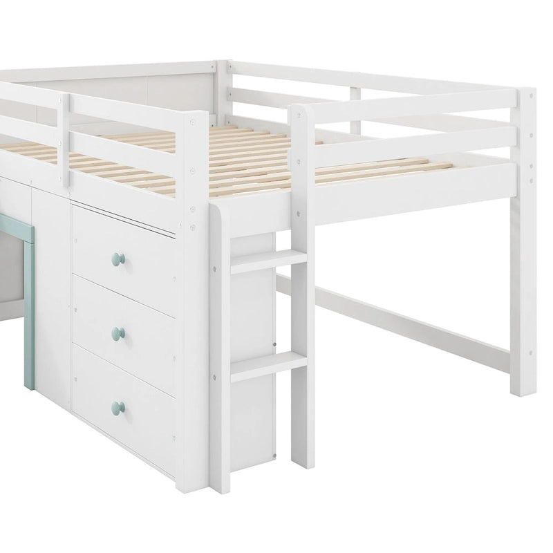 Full Size Low Loft Bed with Built-in Slide, Solid Wood Bed Frame with 3 Storage Drawers & 2 Doors for Kids Boys Girls Bedroom