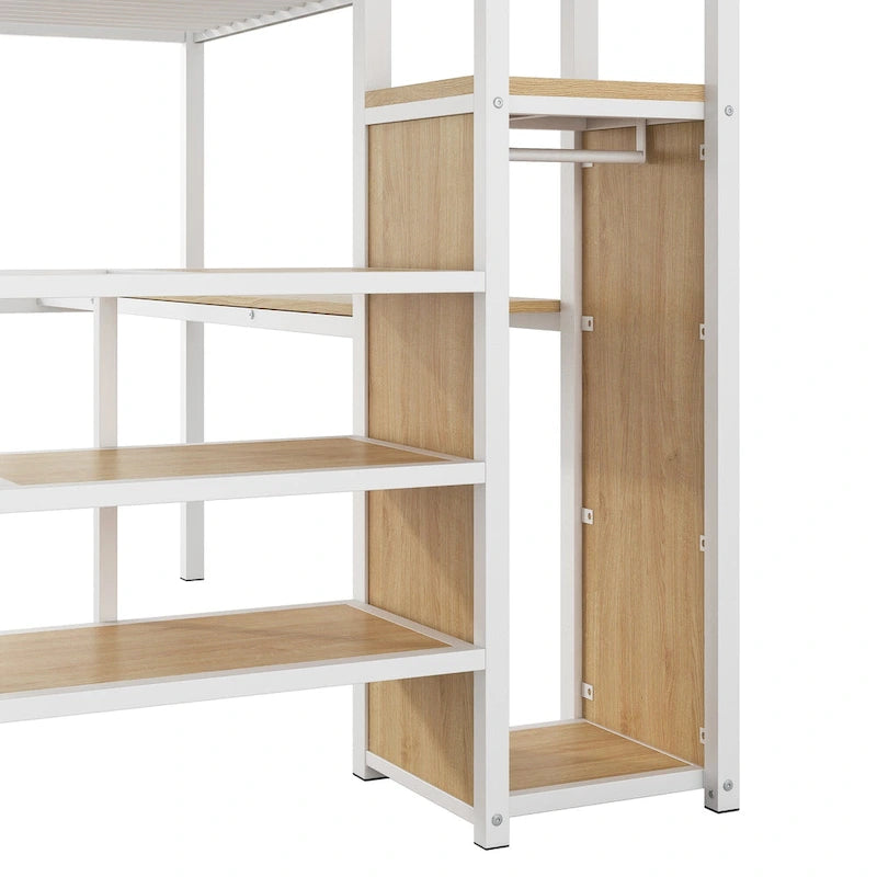 Full Size Metal Loft Bed with Desk & Small Wardrobe, Space-Saving LED Loft Bed Heavy Duty Bed Frame with Storage Staircase