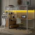 Lit mezzanine double en métal et bois avec bureau, étagères, lumière LED et chargement USB