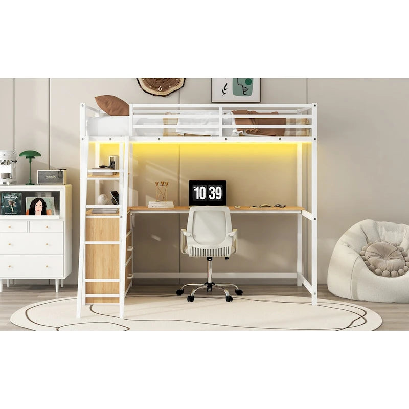 Lit mezzanine double en métal et bois avec bureau, étagères, lumière LED et chargement USB