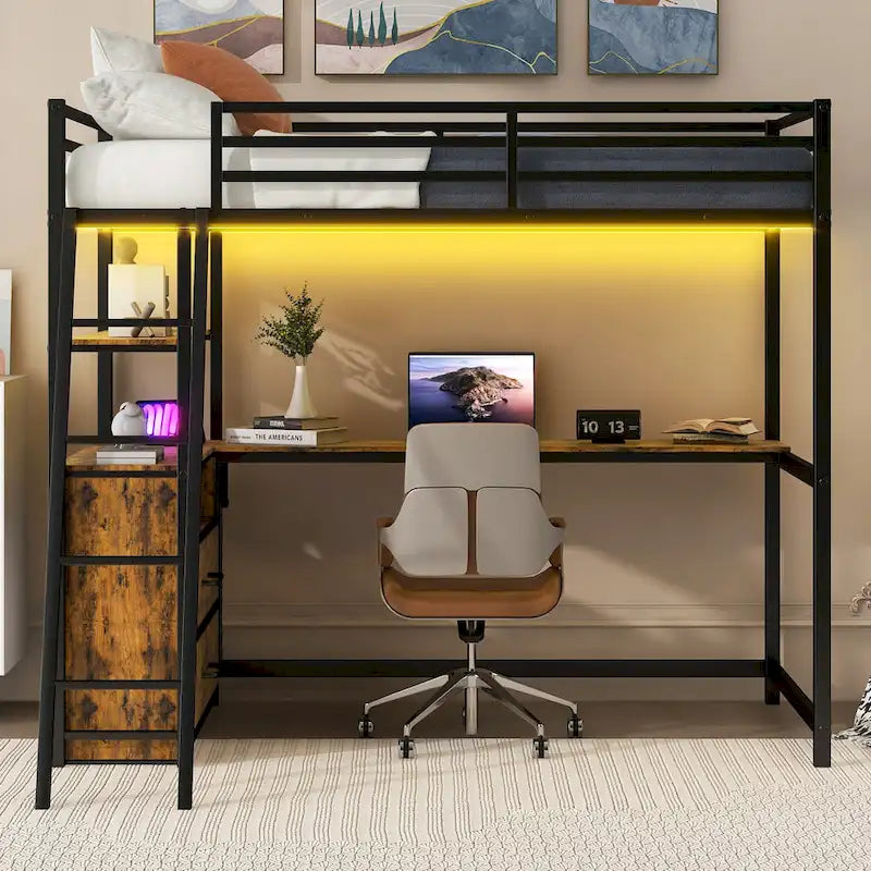 Lit mezzanine double en métal et bois avec bureau, étagères, lumière LED et chargement USB