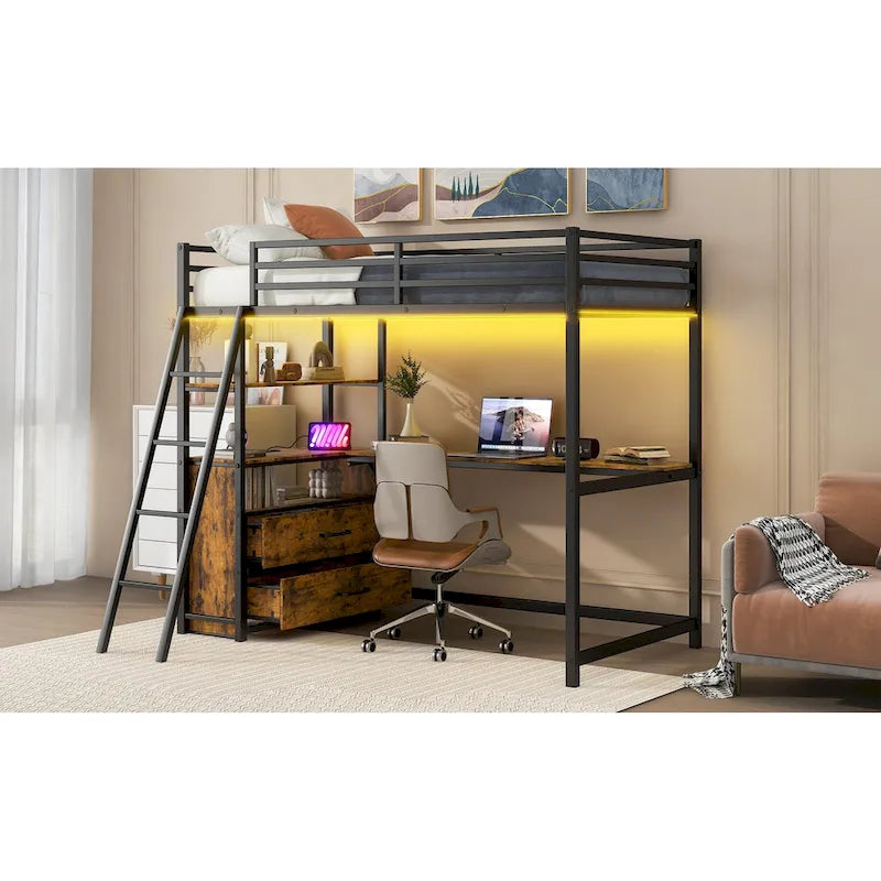 Lit mezzanine double en métal et bois avec bureau, étagères, lumière LED et chargement USB