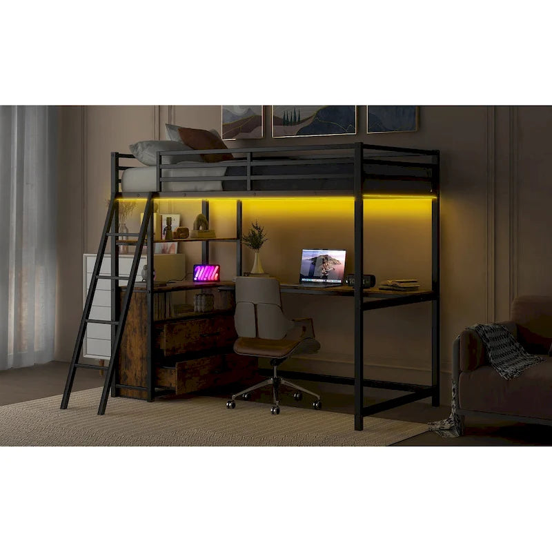Lit mezzanine double en métal et bois avec bureau, étagères, lumière LED et chargement USB