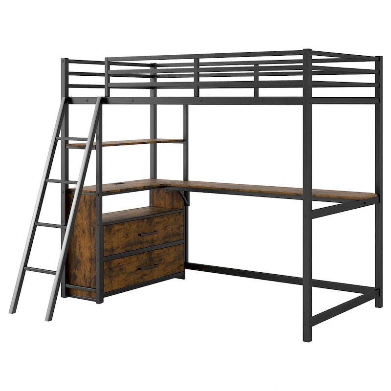 Lit mezzanine double en métal et bois avec bureau, étagères, lumière LED et chargement USB