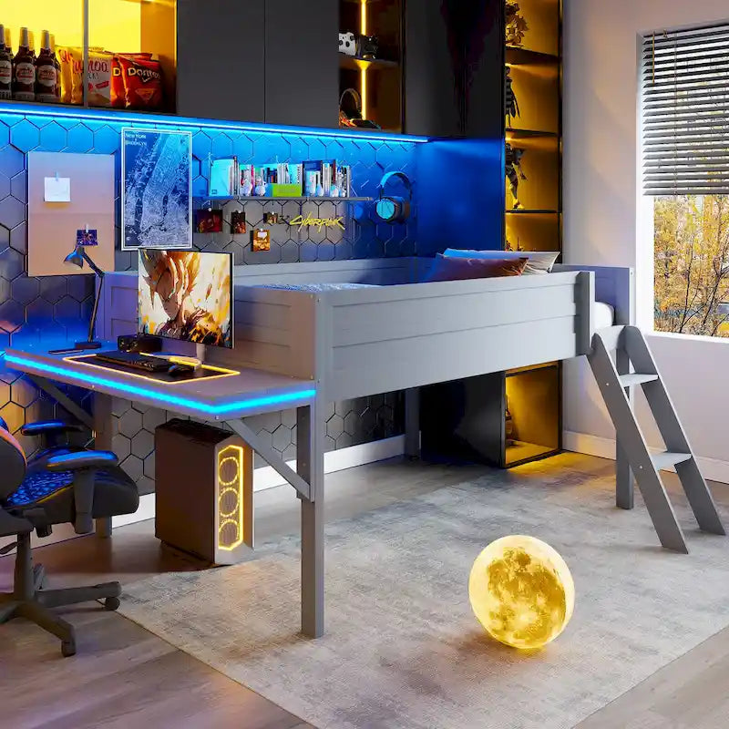 Lit mezzanine de jeu en bois pleine grandeur avec bureau à LED et rangement (capacité de 181 kg)