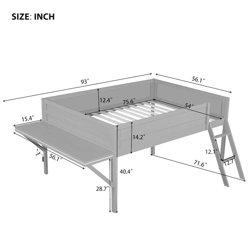 Lit mezzanine de jeu en bois pleine grandeur avec bureau à LED et rangement (capacité de 181 kg)