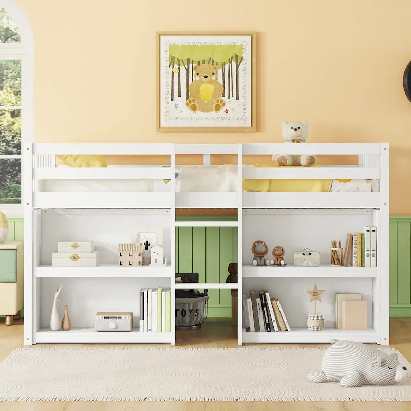 Twin Size Wood Low Loft Bed with Two-Tier Shelves and LED