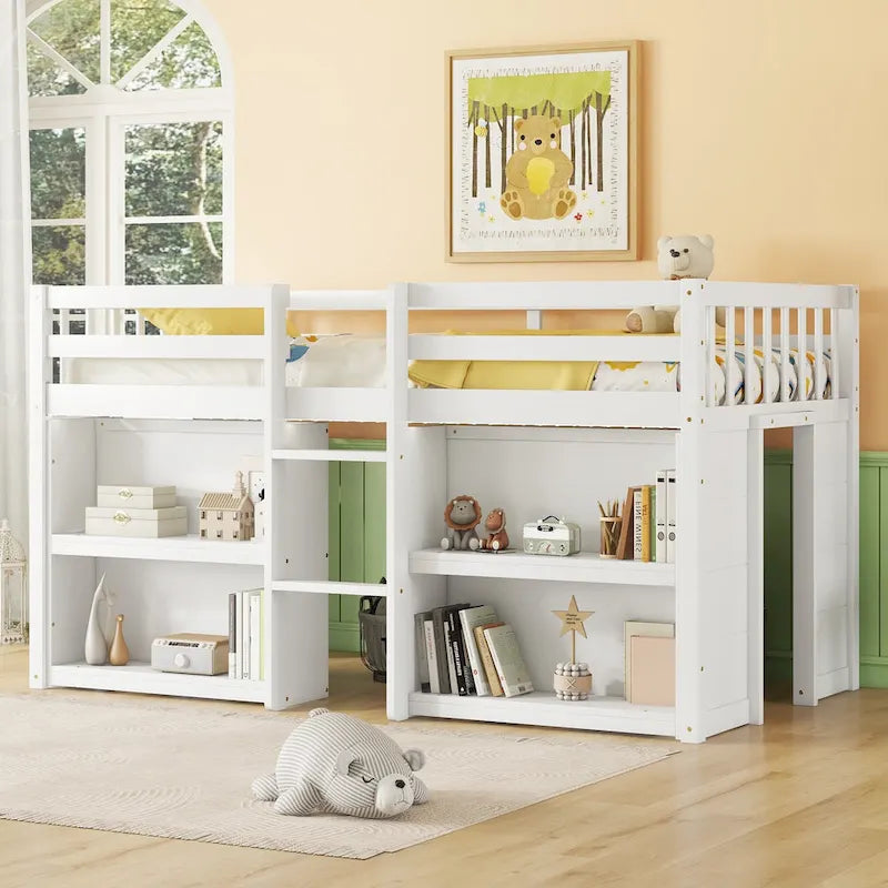 Twin Size Wood Low Loft Bed with Two-Tier Shelves and LED
