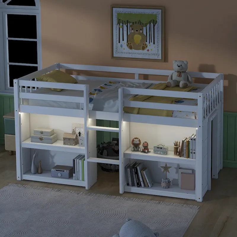 Twin Size Wood Low Loft Bed with Two-Tier Shelves and LED