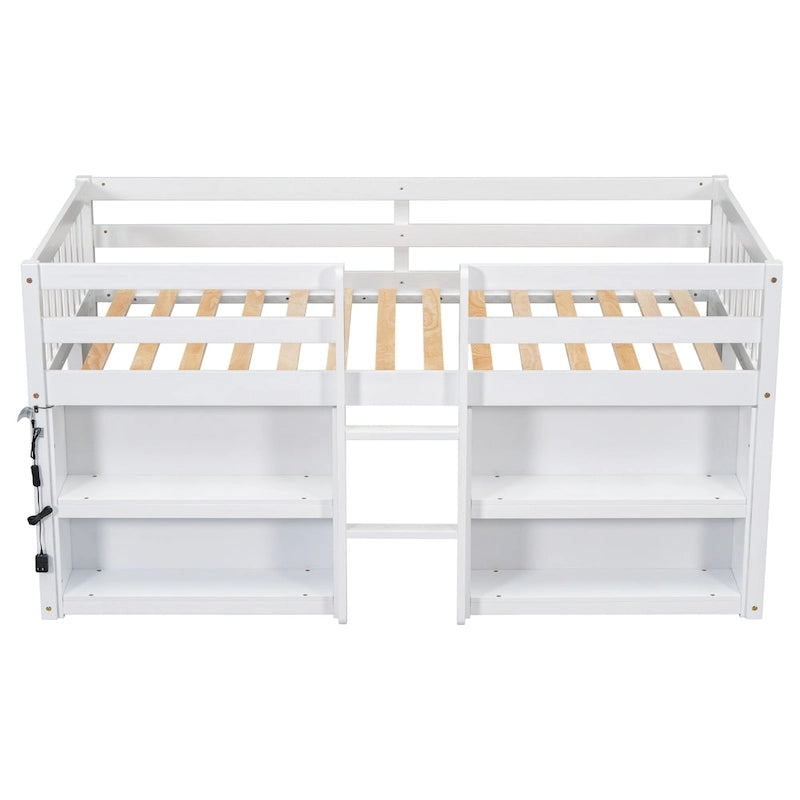 Twin Size Wood Low Loft Bed with Two-Tier Shelves and LED