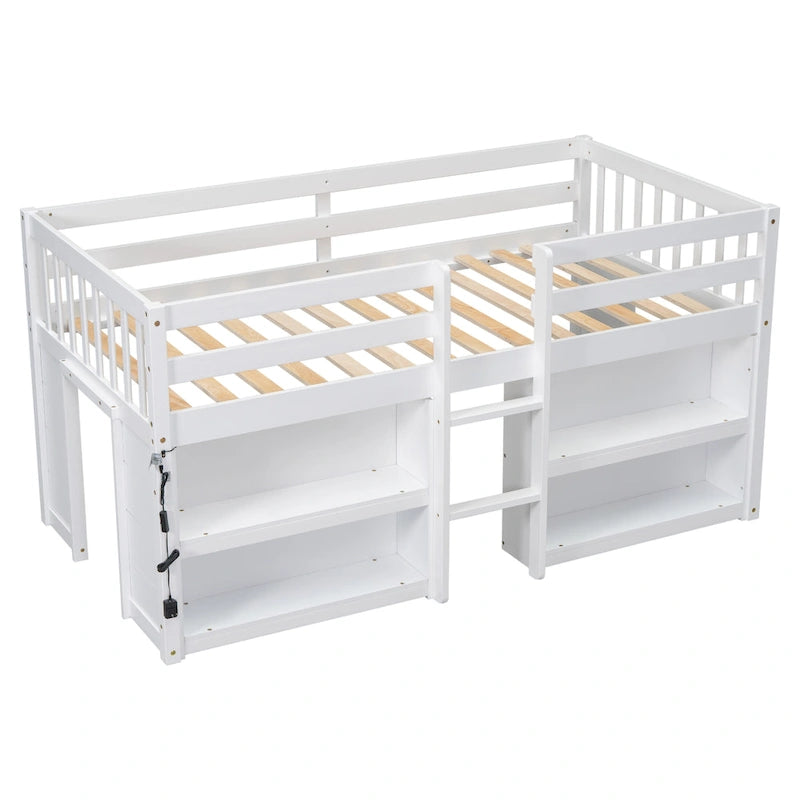 Twin Size Wood Low Loft Bed with Two-Tier Shelves and LED