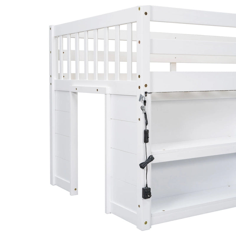 Twin Size Wood Low Loft Bed with Two-Tier Shelves and LED