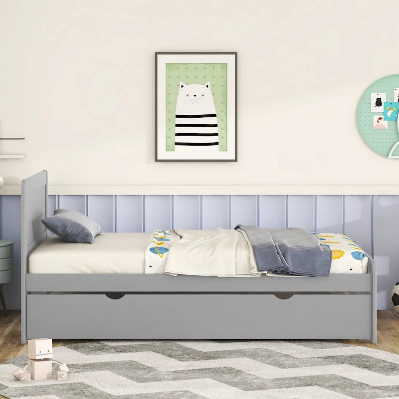 Grey Twin Platform Bed Frame in Solid Wood with Trundle and Modern Wood Headboard