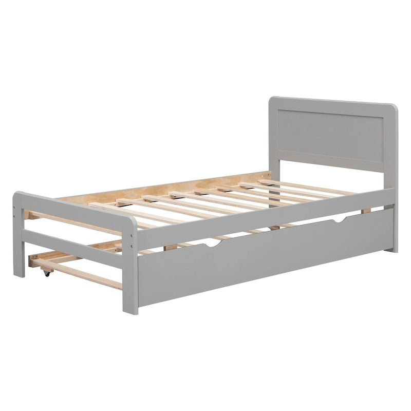 Grey Twin Platform Bed Frame in Solid Wood with Trundle and Modern Wood Headboard
