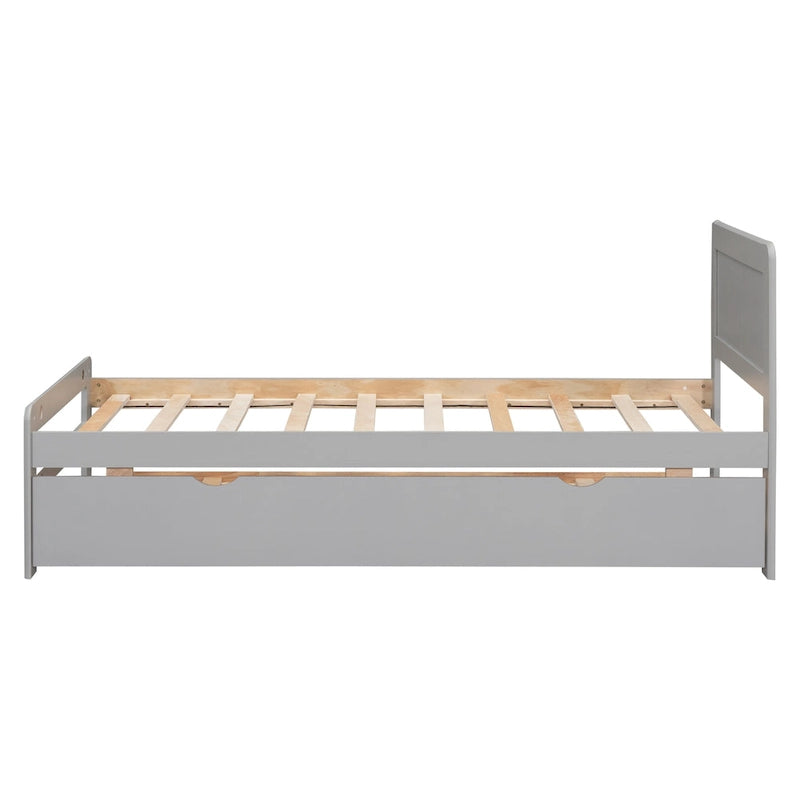 Grey Twin Platform Bed Frame in Solid Wood with Trundle and Modern Wood Headboard