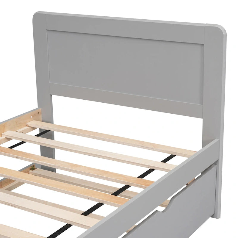 Grey Twin Platform Bed Frame in Solid Wood with Trundle and Modern Wood Headboard
