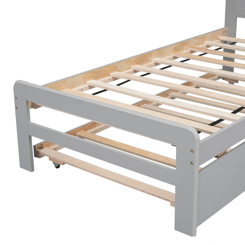 Grey Twin Platform Bed Frame in Solid Wood with Trundle and Modern Wood Headboard