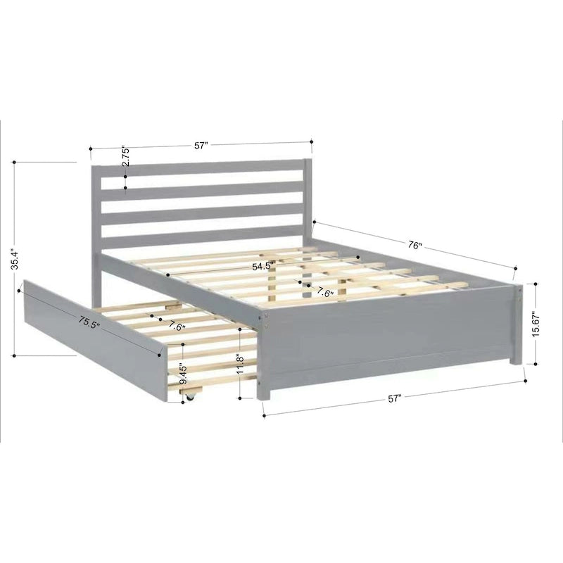 Grey Full Size Wood Platform Bed Frame with Headboard and Twin Trundle - No Box Spring Needed, Durable Pine Wood, Slat Support