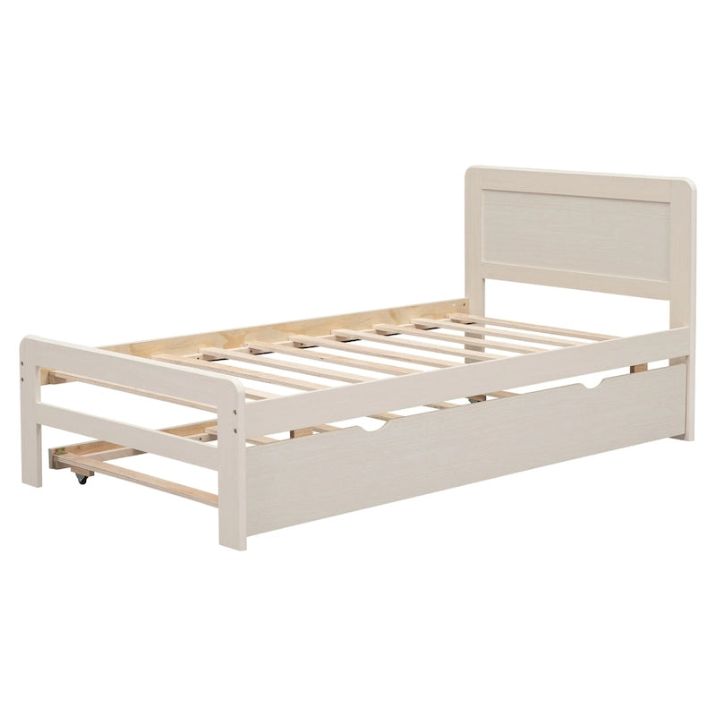 White Solid Wood Twin Platform Bed Frame with Trundle and Modern Wood Headboard