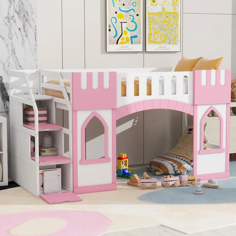 Solid Wood Loft Bed with Storage Staircase and Window