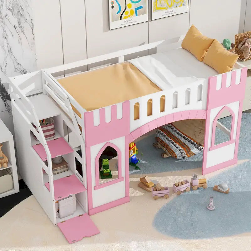 Solid Wood Loft Bed with Storage Staircase and Window