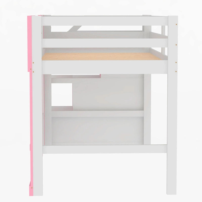Solid Wood Loft Bed with Storage Staircase and Window