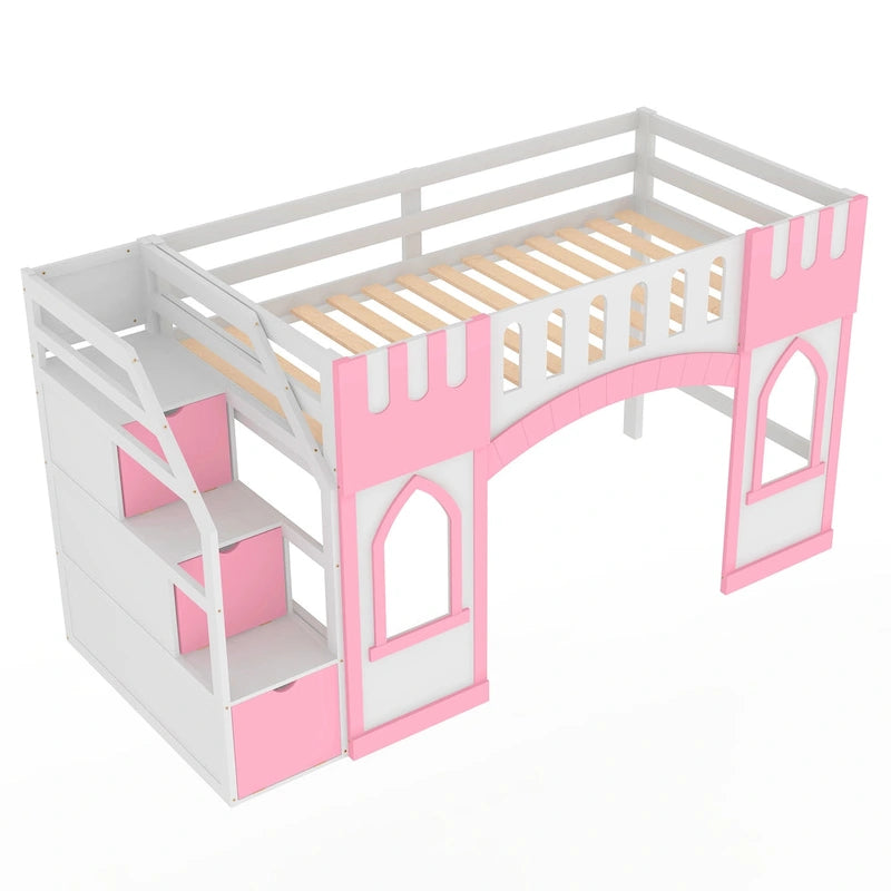 Solid Wood Loft Bed with Storage Staircase and Window