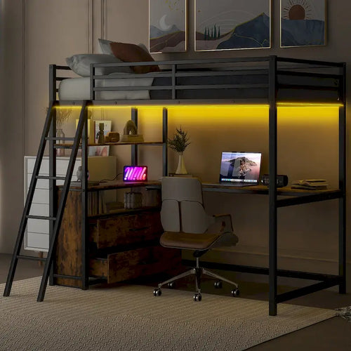 Black Twin Size Metal Wood Loft Bed with Desk and Shelves, Two Built-in Drawers, LED Light and USB Charging Station
