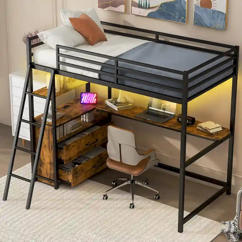 Black Twin Size Metal Wood Loft Bed with Desk and Shelves, Two Built-in Drawers, LED Light and USB Charging Station