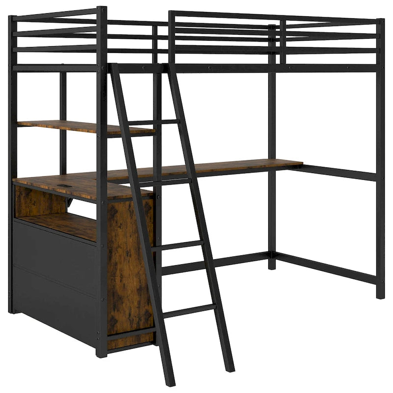 Black Twin Size Metal Wood Loft Bed with Desk and Shelves, Two Built-in Drawers, LED Light and USB Charging Station