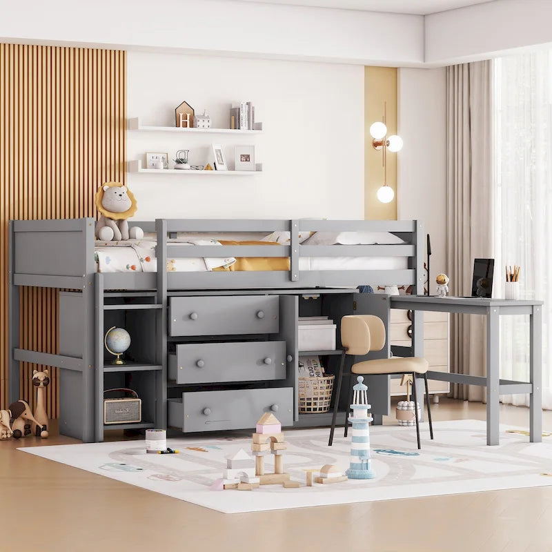 Twin Size Wood Low Loft Bed With Pull-Out Desk, Drawers, Cabinet & Shelves