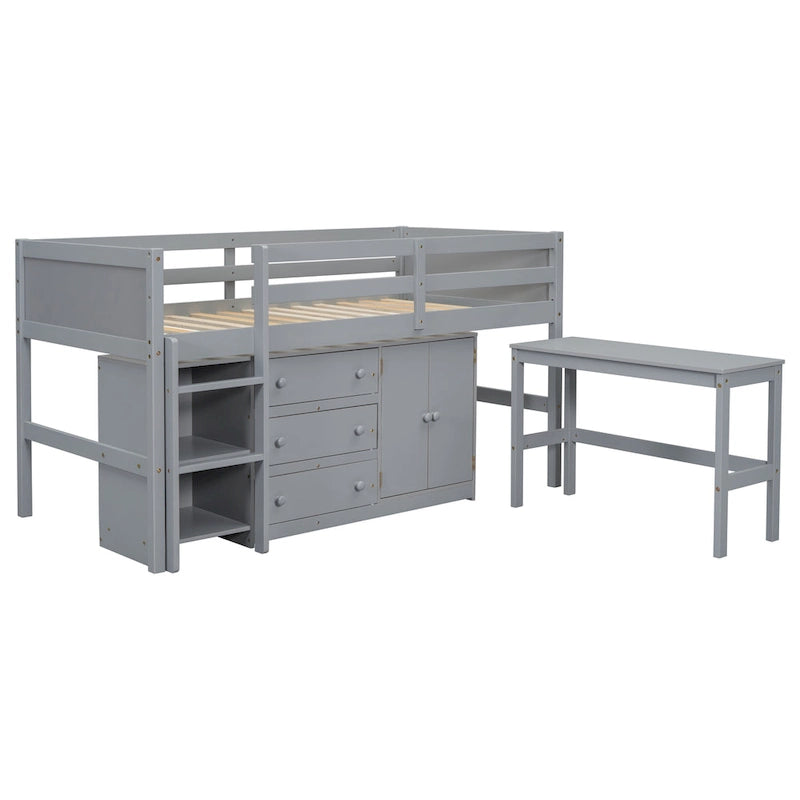 Twin Size Wood Low Loft Bed With Pull-Out Desk, Drawers, Cabinet & Shelves