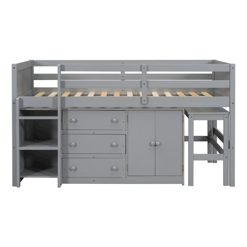 Twin Size Wood Low Loft Bed With Pull-Out Desk, Drawers, Cabinet & Shelves